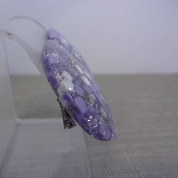 Purple White Confetti Lucite Clip Earrings - Picture 3 of 5